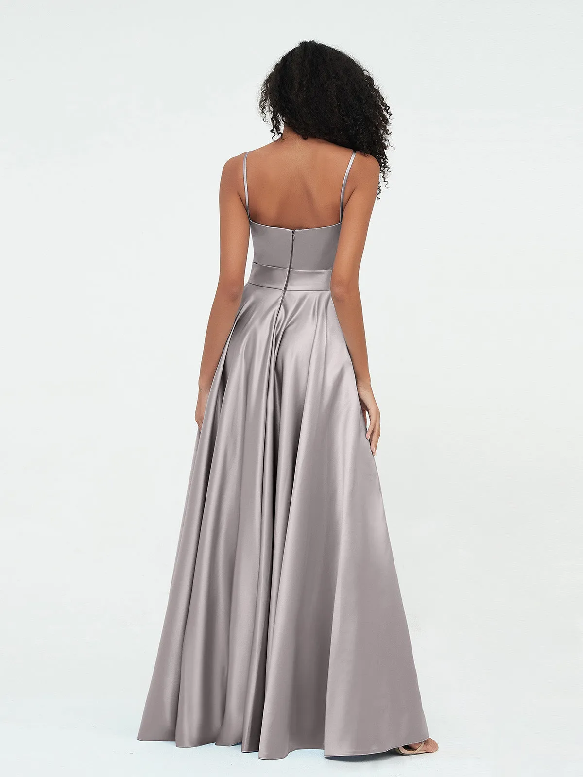 A-ligne Bretelles Spaghetti Robes Maxi en Satin Argent Grande Taille