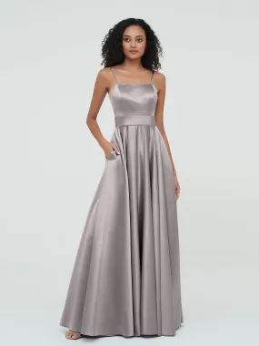 A-ligne Bretelles Spaghetti Robes Maxi en Satin Argent Grande Taille