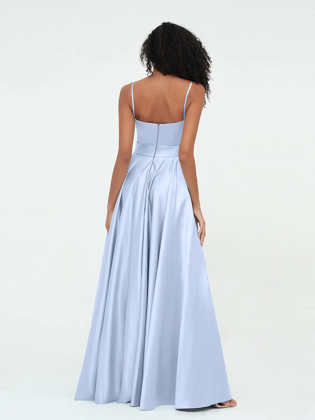 A-ligne Bretelles Spaghetti Robes Maxi en Satin Bleu Ciel