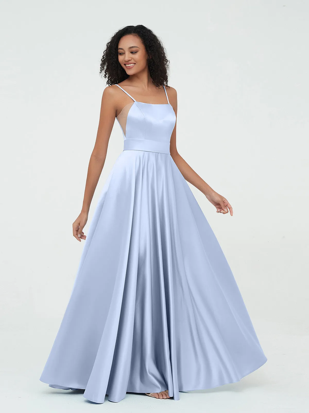 A-ligne Bretelles Spaghetti Robes Maxi en Satin Bleu Ciel