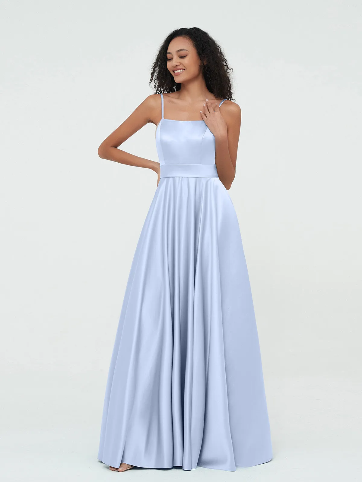 A-ligne Bretelles Spaghetti Robes Maxi en Satin Bleu Ciel