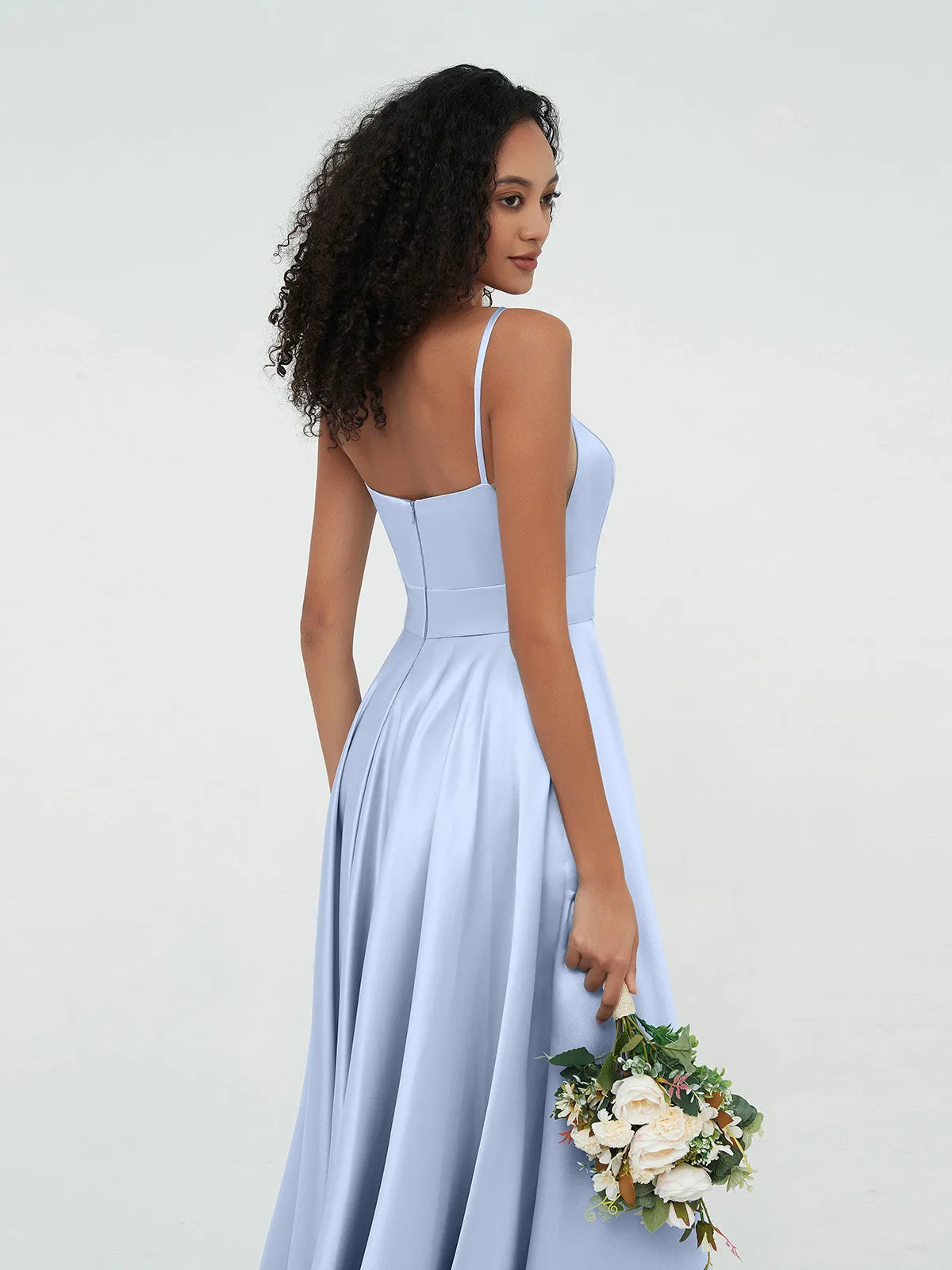 A-ligne Bretelles Spaghetti Robes Maxi en Satin Bleu Ciel