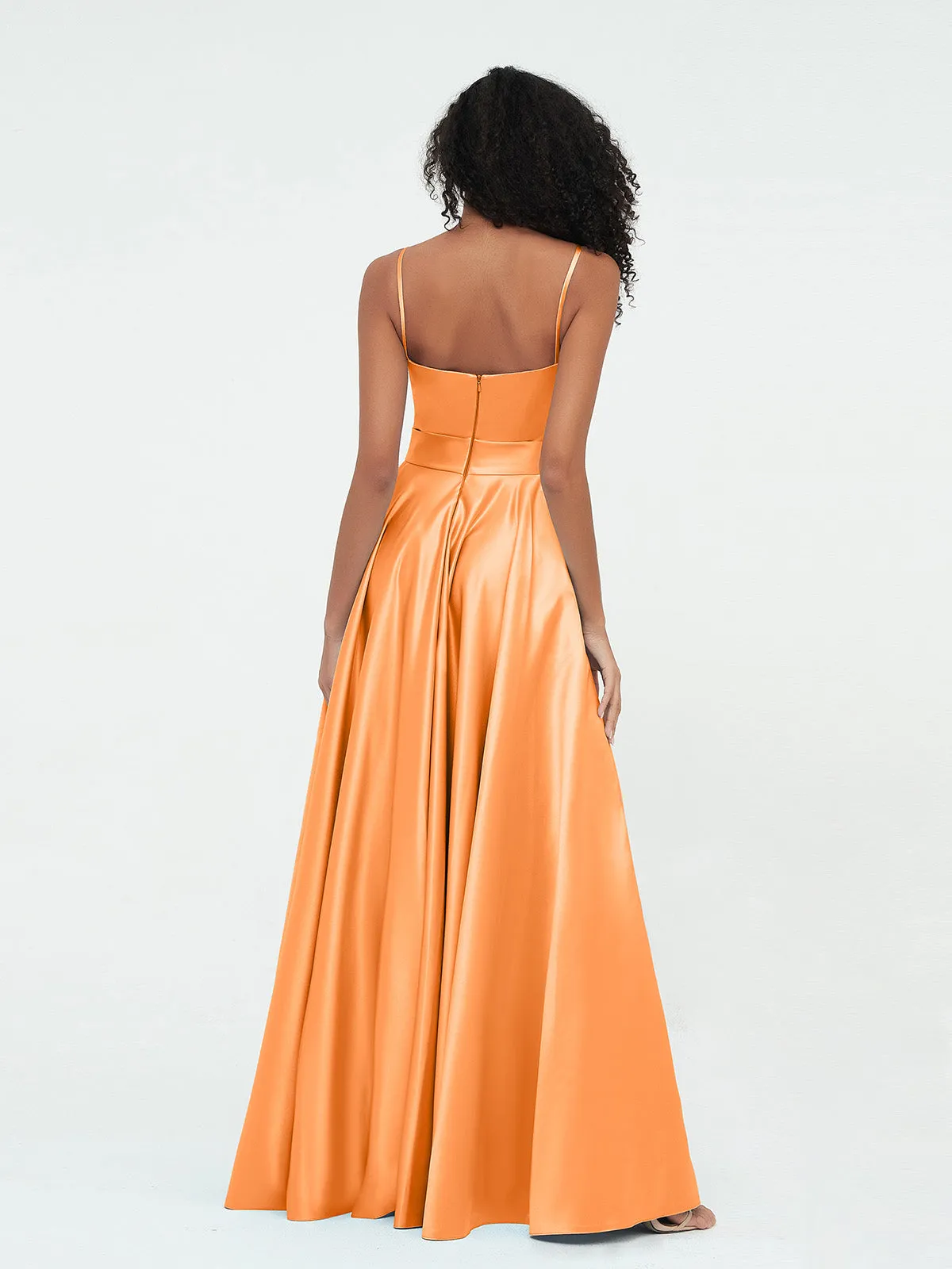 A-ligne Bretelles Spaghetti Robes Maxi en Satin Orange