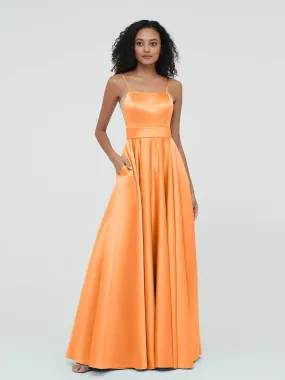 A-ligne Bretelles Spaghetti Robes Maxi en Satin Orange