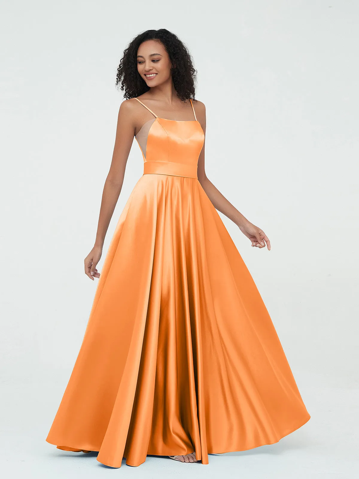 A-ligne Bretelles Spaghetti Robes Maxi en Satin Orange