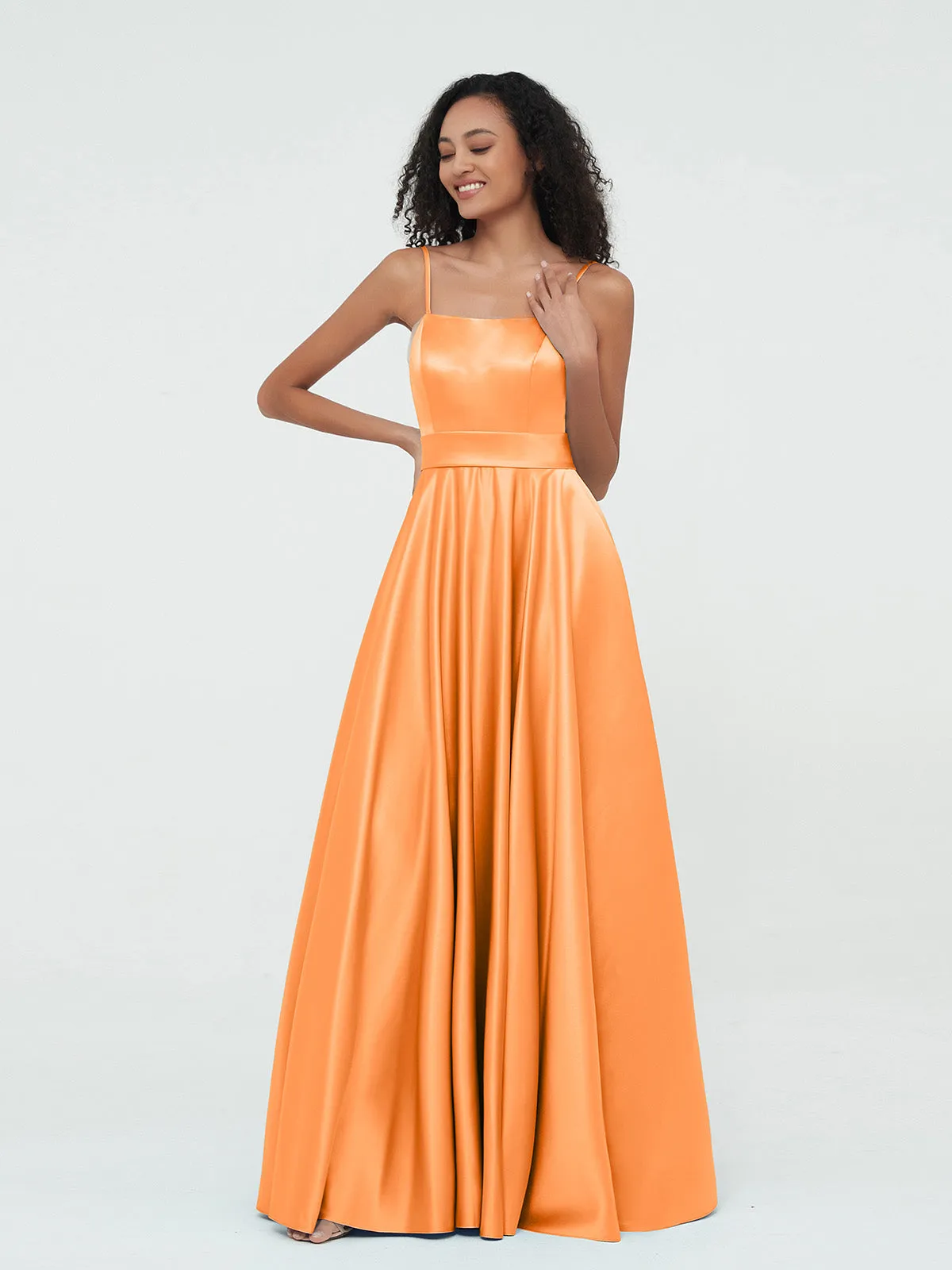 A-ligne Bretelles Spaghetti Robes Maxi en Satin Orange