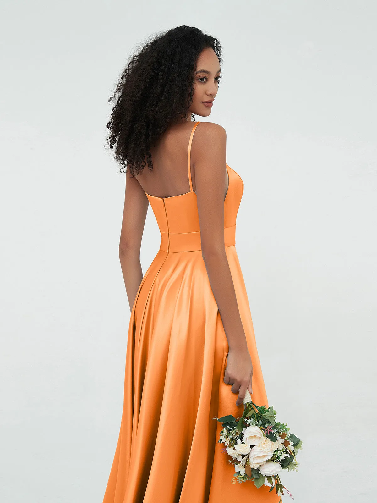 A-ligne Bretelles Spaghetti Robes Maxi en Satin Orange