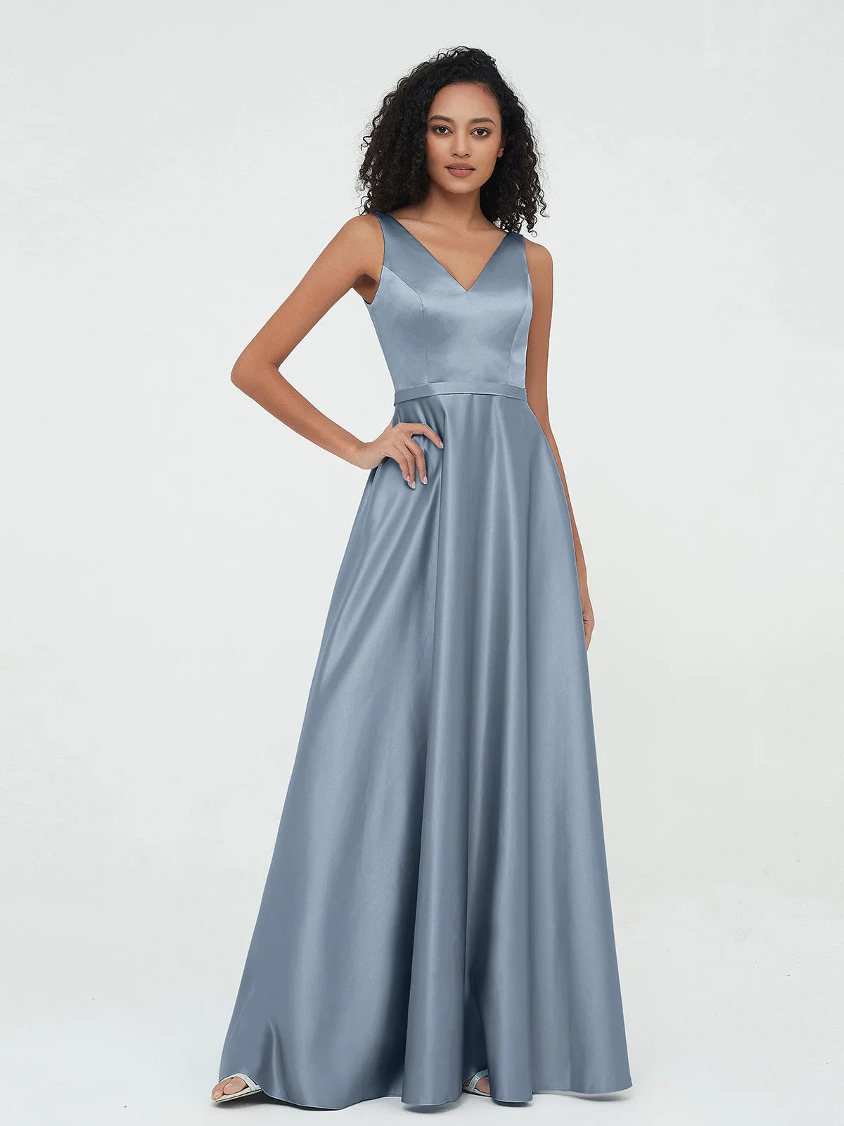 A-ligne Robes Maxi à Col en V en Satin avec Poches Bleu Poudré Grande Taille