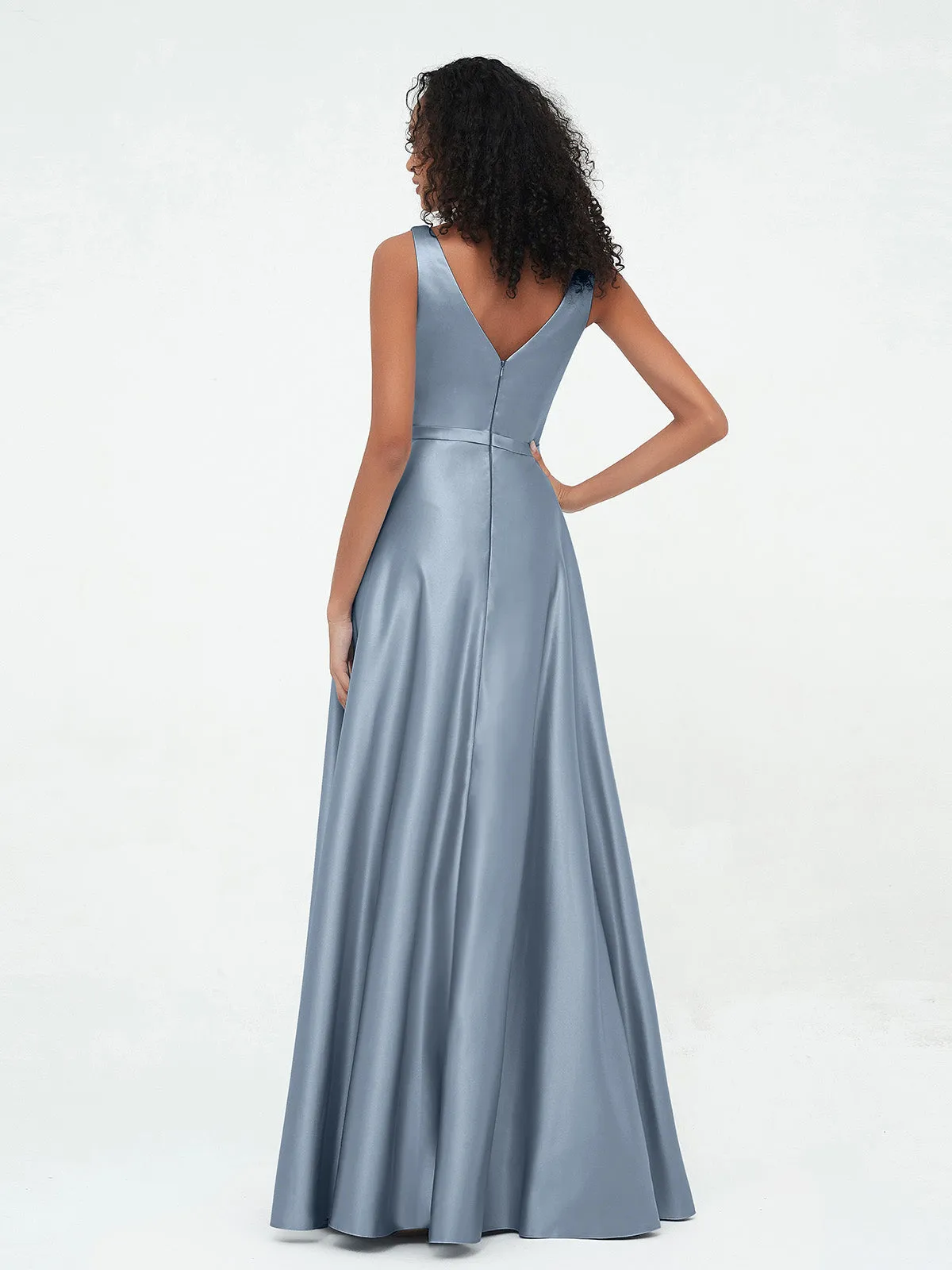 A-ligne Robes Maxi à Col en V en Satin avec Poches Bleu Poudré Grande Taille