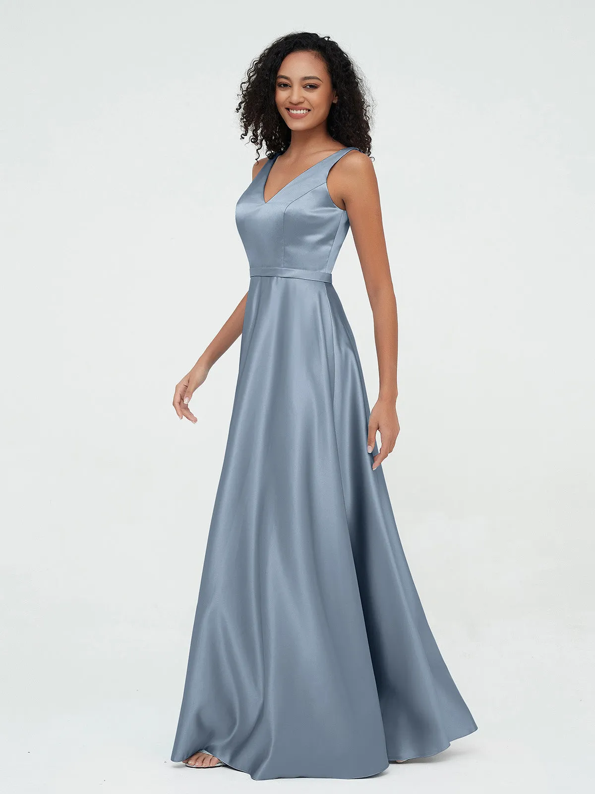 A-ligne Robes Maxi à Col en V en Satin avec Poches Bleu Poudré Grande Taille