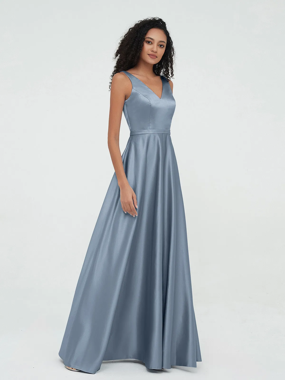 A-ligne Robes Maxi à Col en V en Satin avec Poches Bleu Poudré Grande Taille