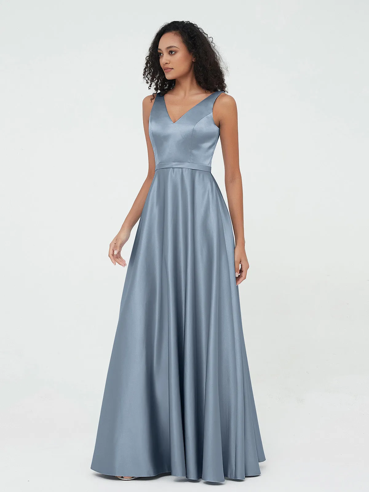 A-ligne Robes Maxi à Col en V en Satin avec Poches Bleu Poudré Grande Taille