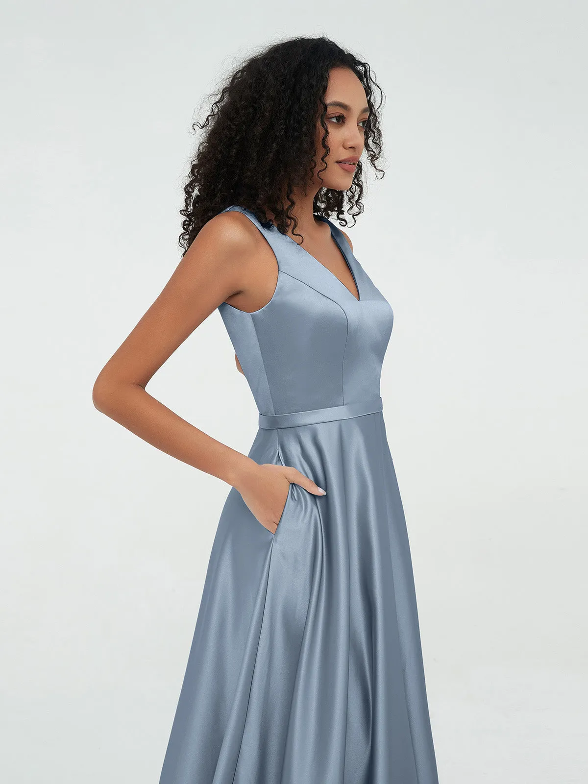 A-ligne Robes Maxi à Col en V en Satin avec Poches Bleu Poudré Grande Taille