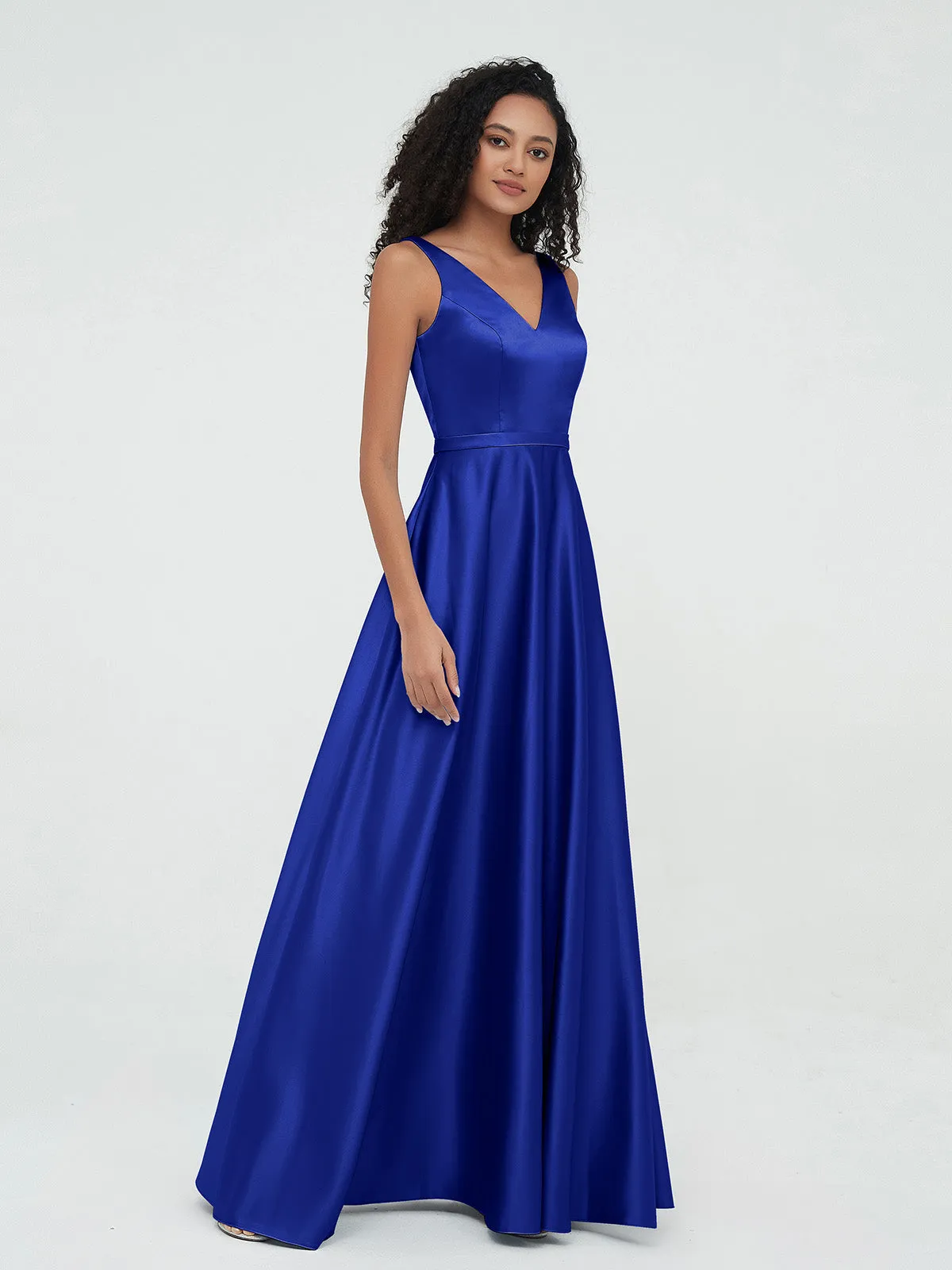 A-ligne Robes Maxi à Col en V en Satin avec Poches Bleu Royale