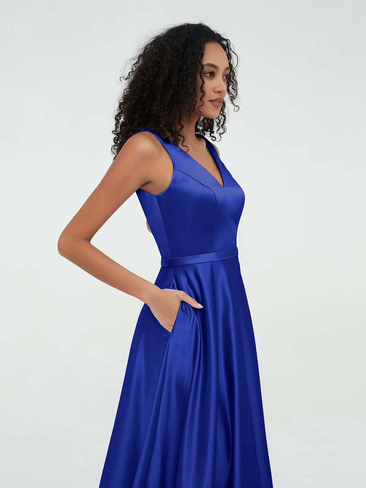 A-ligne Robes Maxi à Col en V en Satin avec Poches Bleu Royale