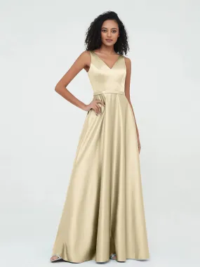 A-ligne Robes Maxi à Col en V en Satin avec Poches Champagne