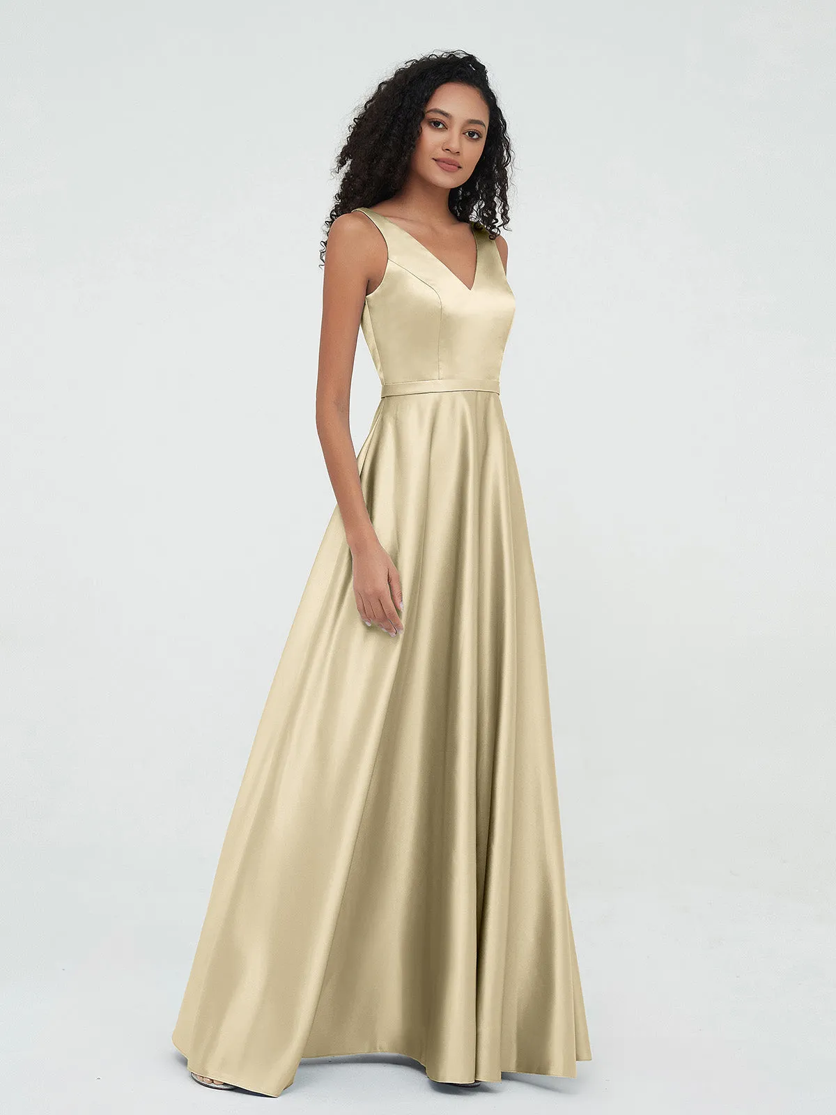 A-ligne Robes Maxi à Col en V en Satin avec Poches Champagne