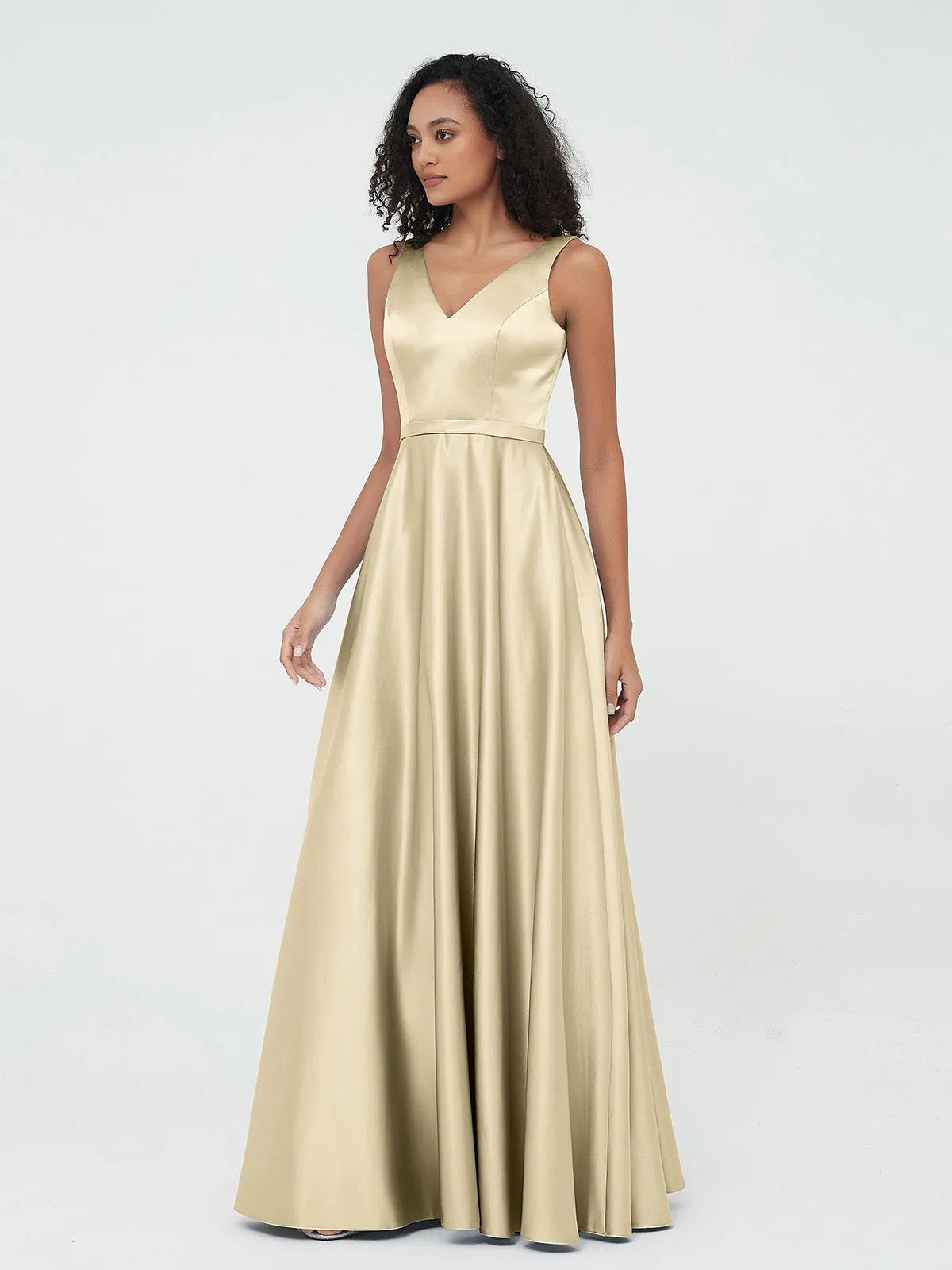 A-ligne Robes Maxi à Col en V en Satin avec Poches Champagne