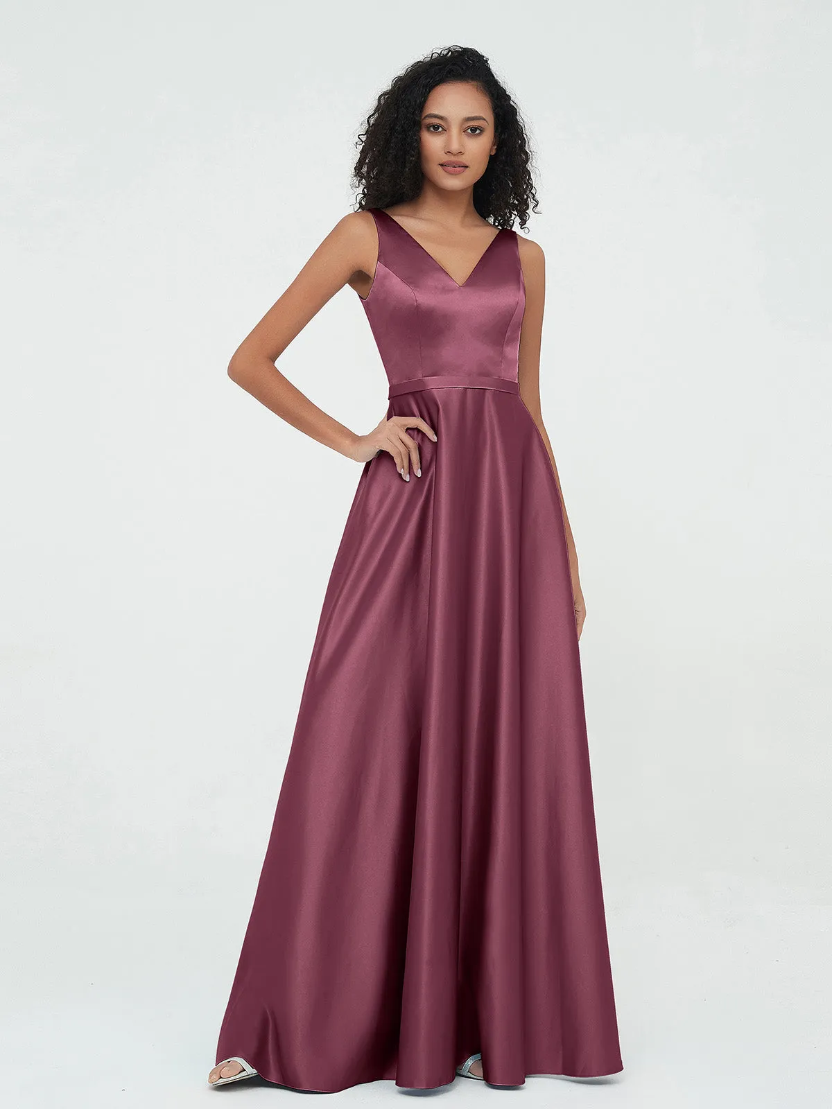 A-ligne Robes Maxi à Col en V en Satin avec Poches Mûre