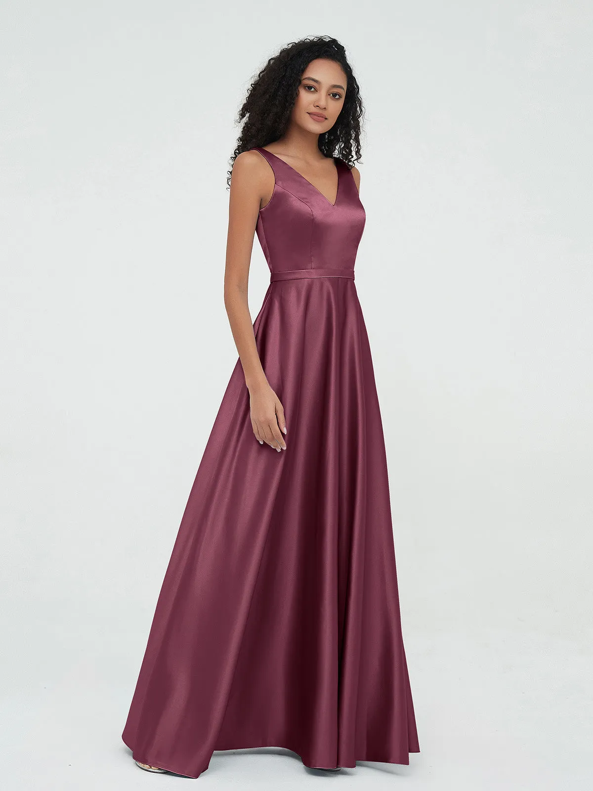 A-ligne Robes Maxi à Col en V en Satin avec Poches Mûre