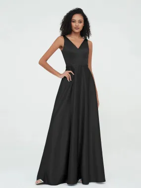 A-ligne Robes Maxi à Col en V en Satin avec Poches Noir