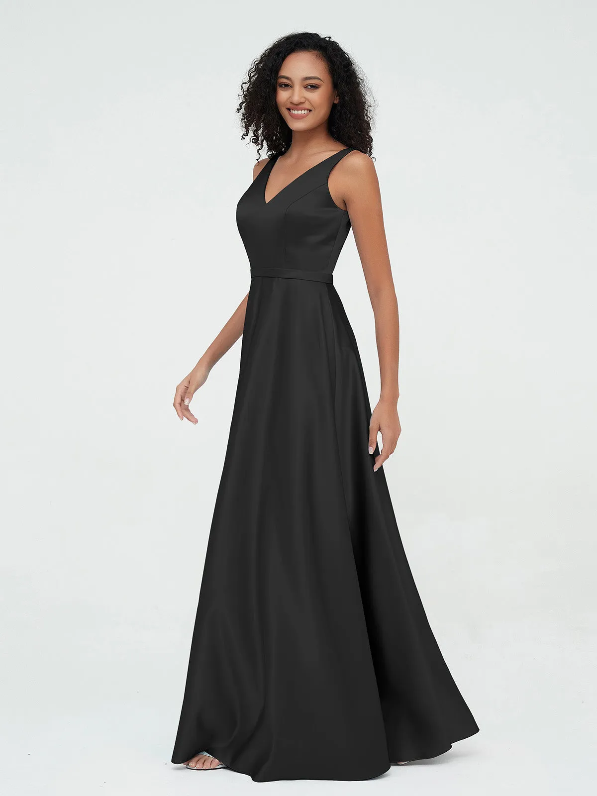 A-ligne Robes Maxi à Col en V en Satin avec Poches Noir