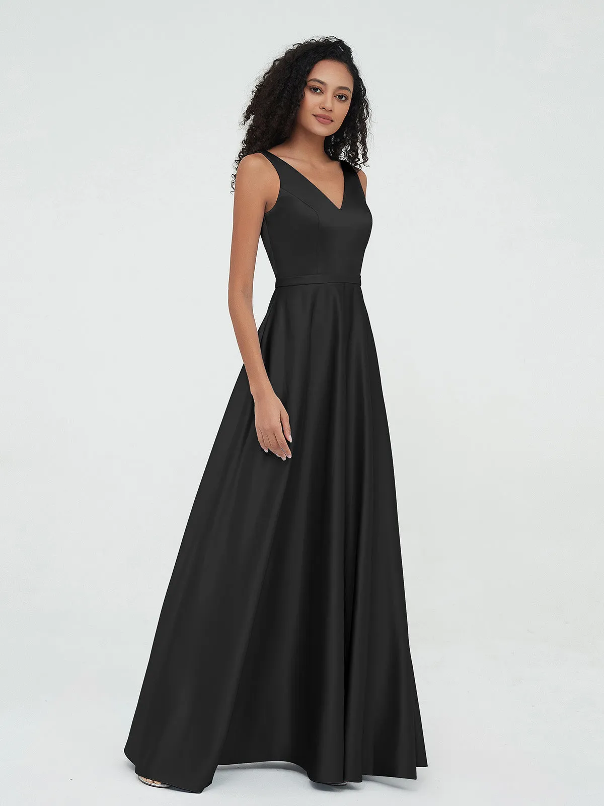 A-ligne Robes Maxi à Col en V en Satin avec Poches Noir