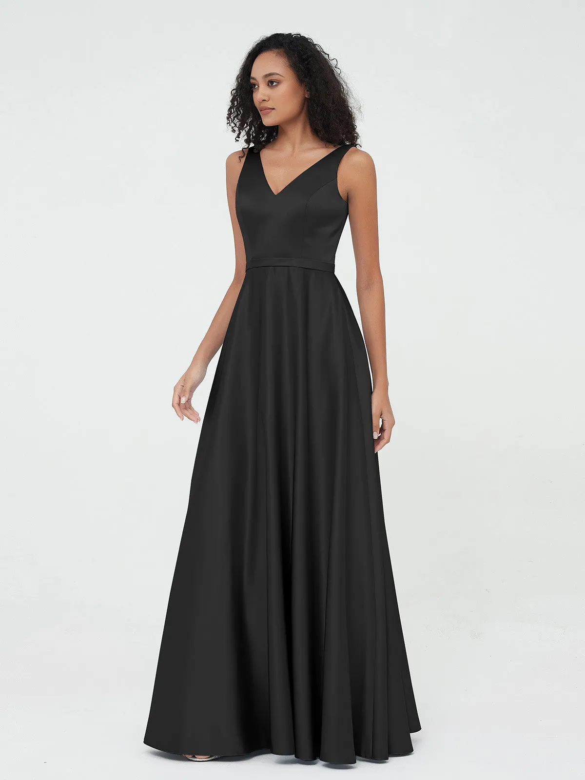 A-ligne Robes Maxi à Col en V en Satin avec Poches Noir