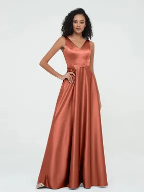 A-ligne Robes Maxi à Col en V en Satin avec Poches Rouille