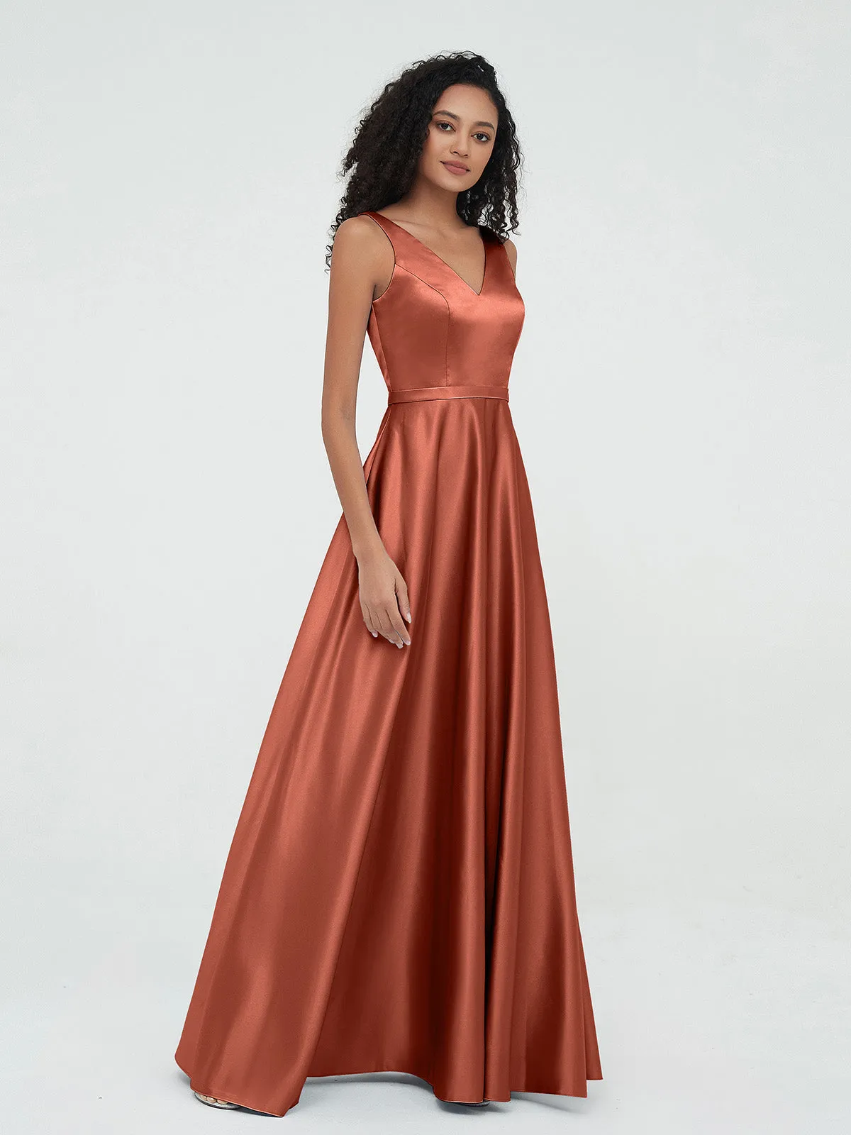 A-ligne Robes Maxi à Col en V en Satin avec Poches Rouille