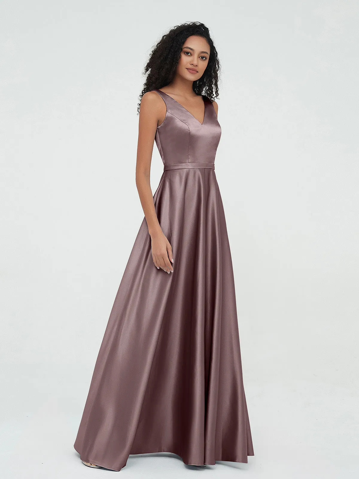 A-ligne Robes Maxi à Col en V en Satin avec Poches Vintage Mauve