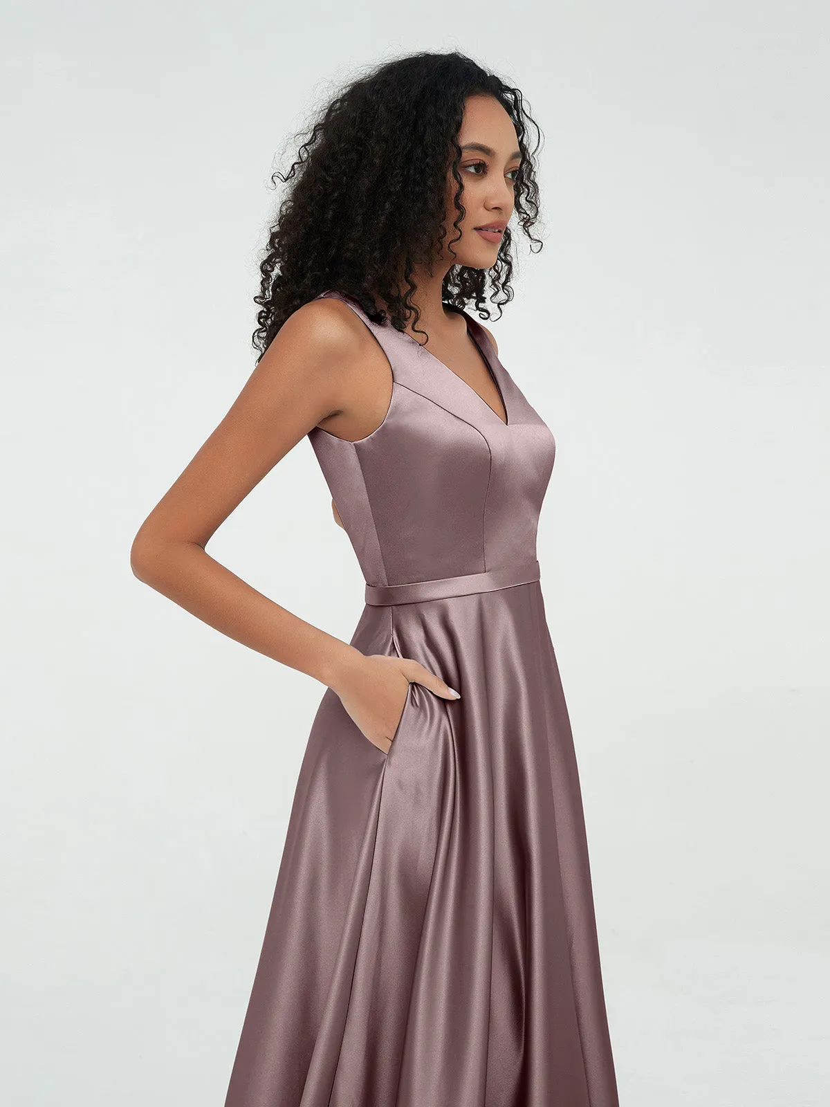 A-ligne Robes Maxi à Col en V en Satin avec Poches Vintage Mauve