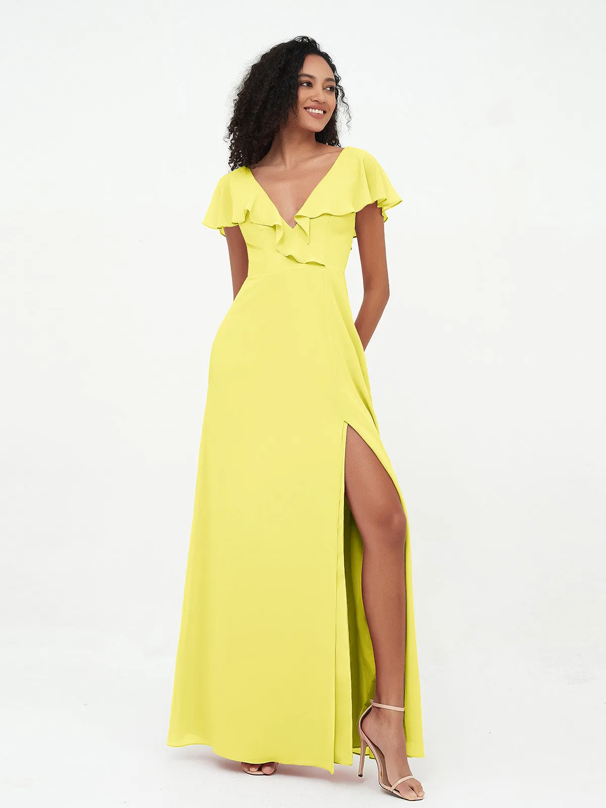 A-ligne Robes à Col en V en Mousseline avec Poches Citron Grande Taille