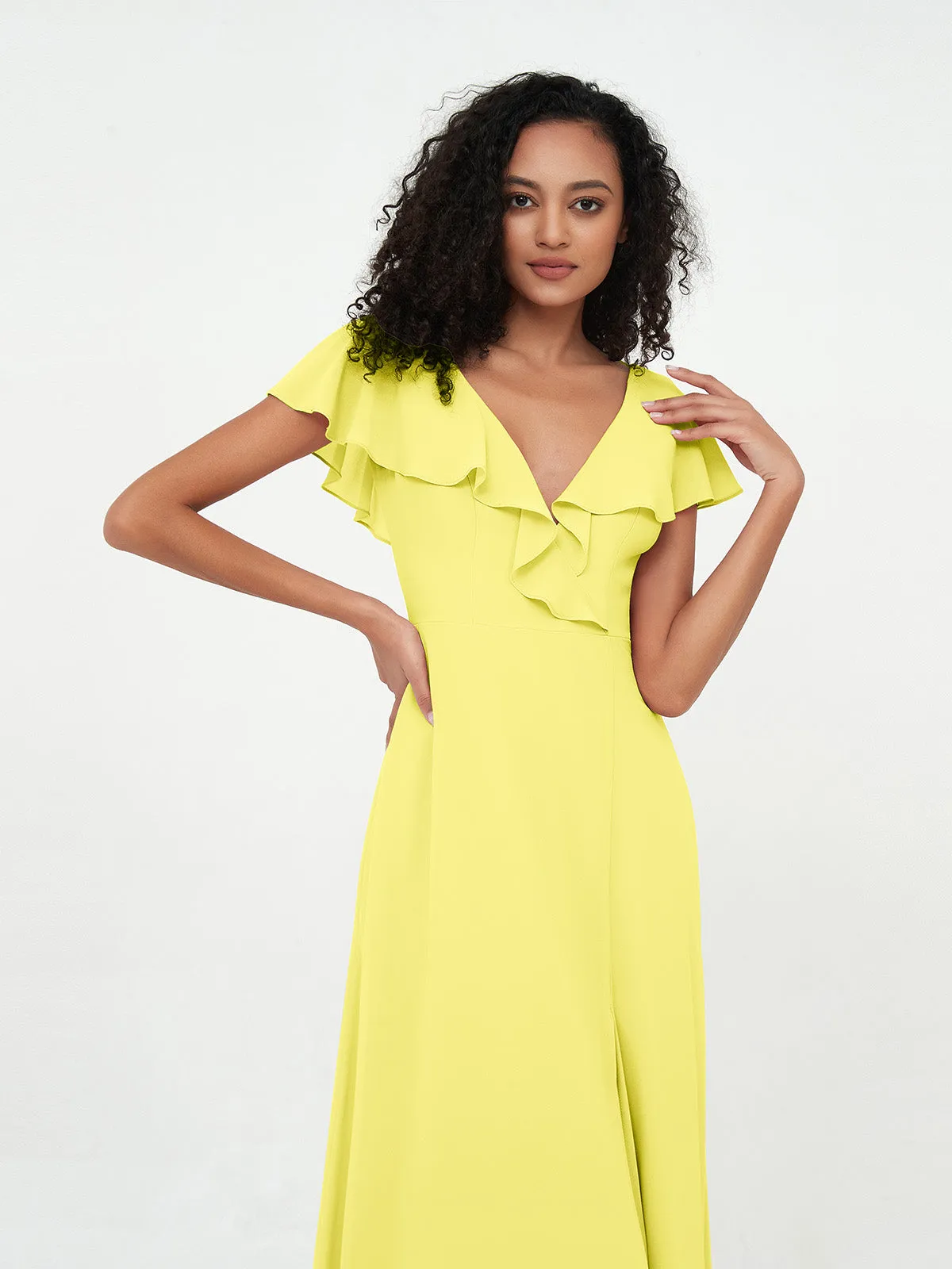 A-ligne Robes à Col en V en Mousseline avec Poches Citron Grande Taille