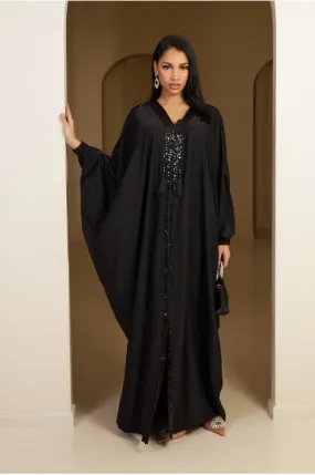 Abaya noire à empiècement sequins et pompom noir