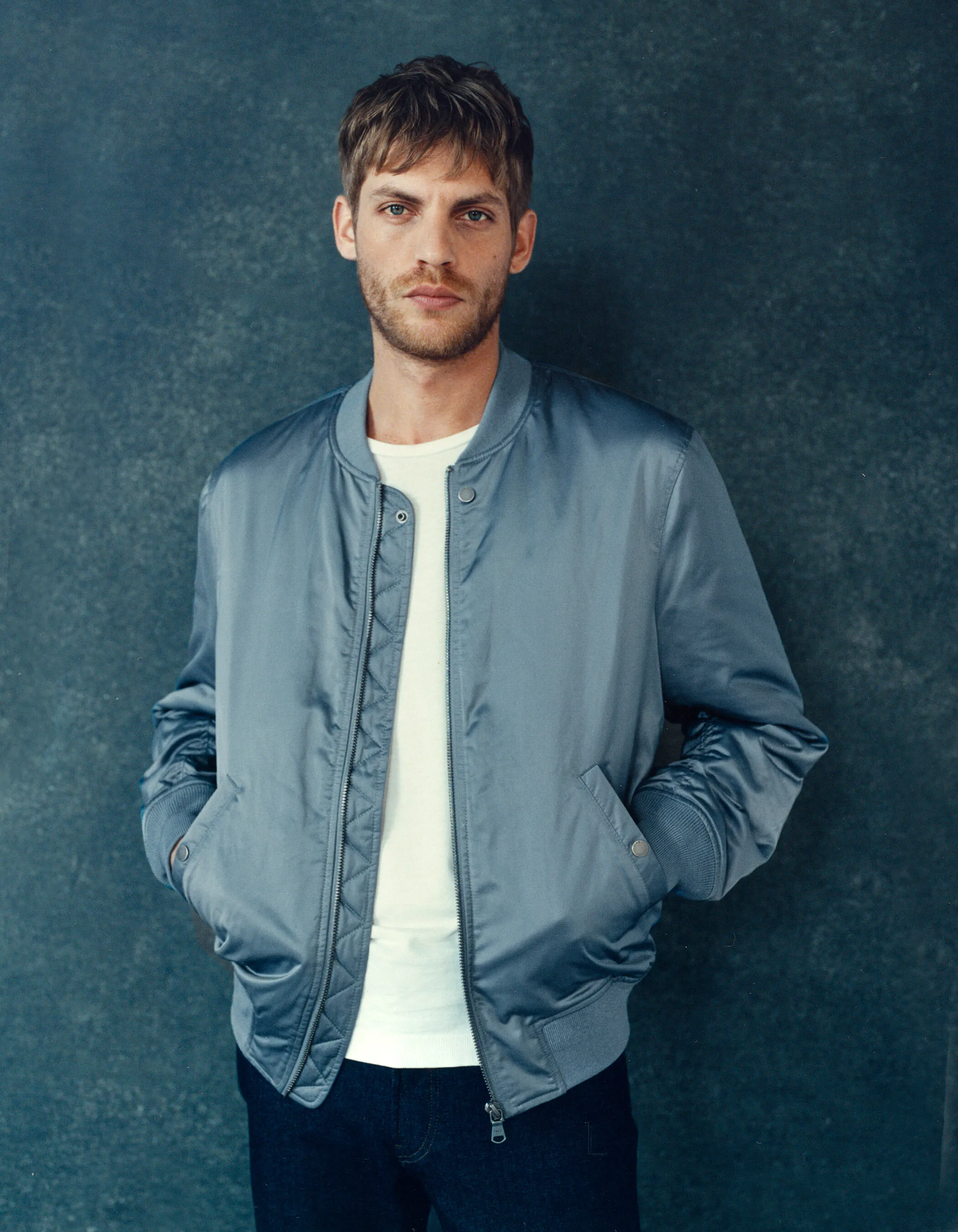 Bomber light blue en nylon satiné Homme