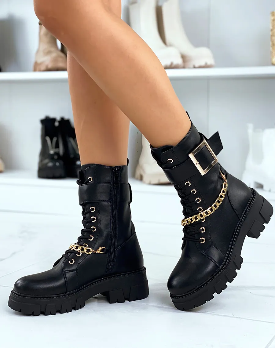 Bottines noires montantes à chaîne et lanière dorée