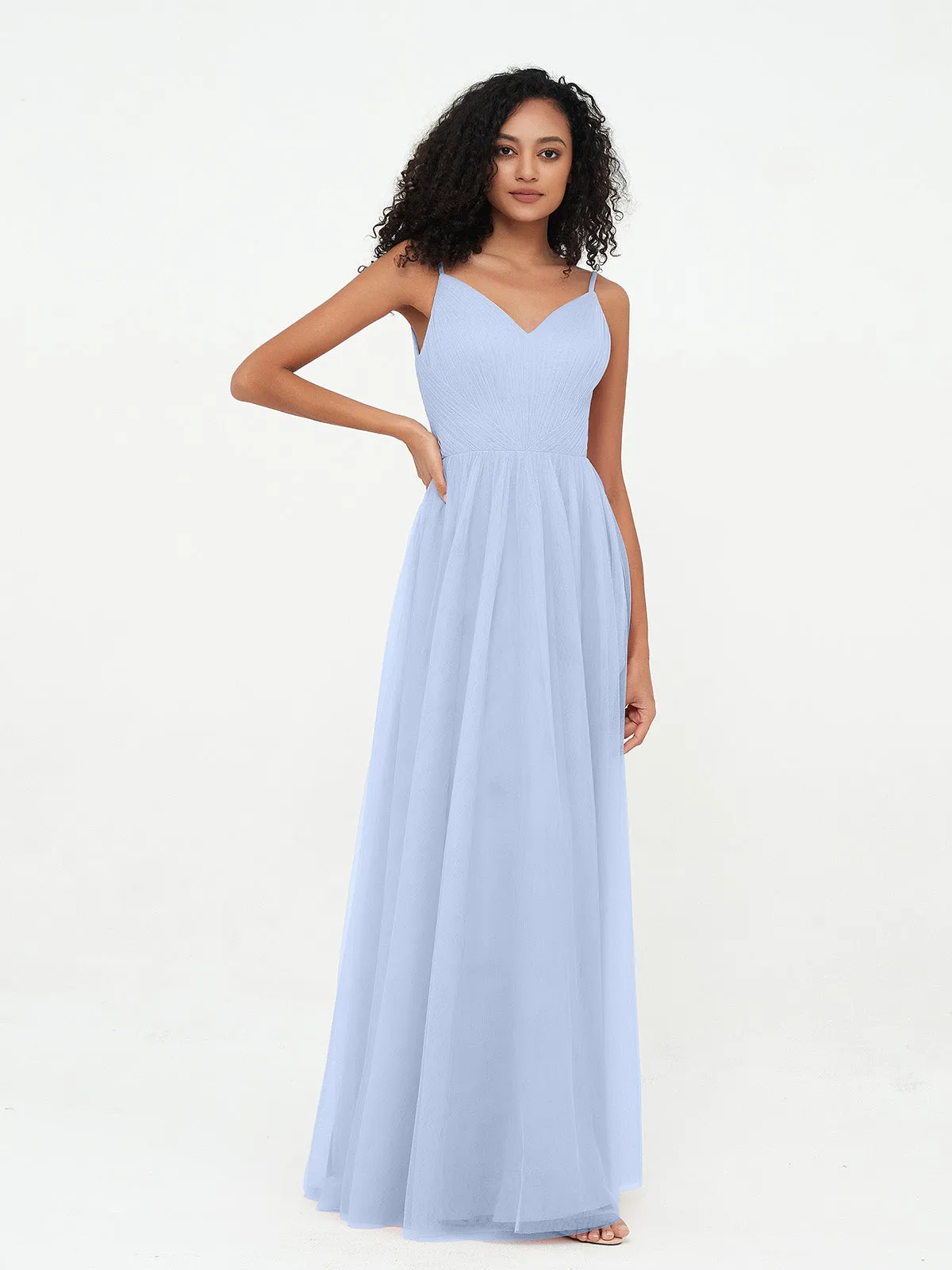 Bretelles Spaghetti Robes Maxi Plissé en Tulle Bleu Ciel Grande Taille