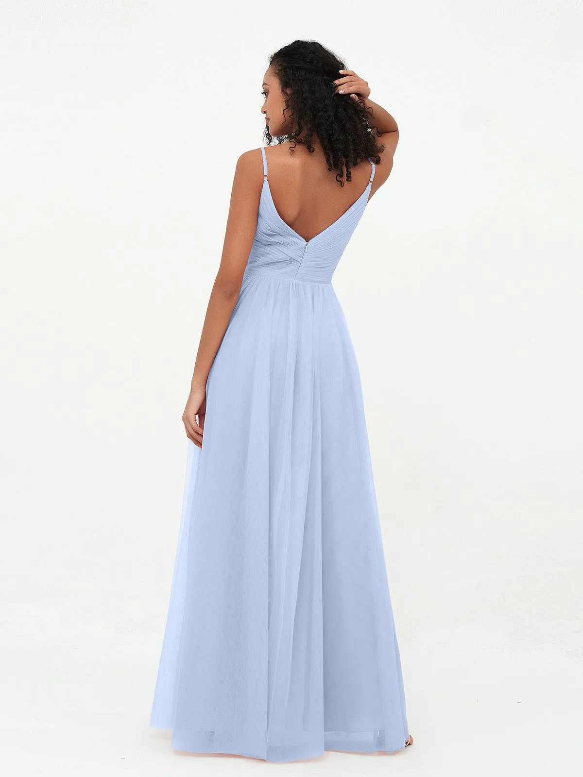 Bretelles Spaghetti Robes Maxi Plissé en Tulle Bleu Ciel Grande Taille