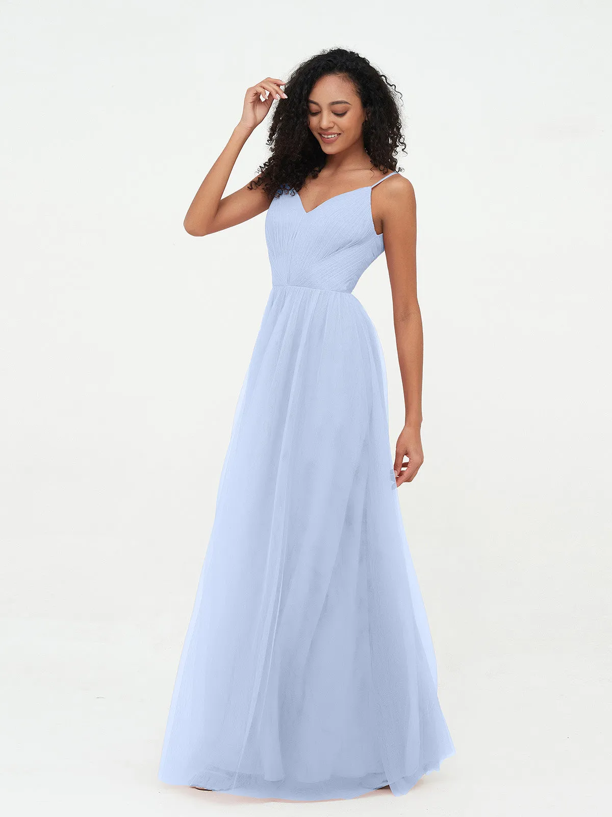 Bretelles Spaghetti Robes Maxi Plissé en Tulle Bleu Ciel Grande Taille