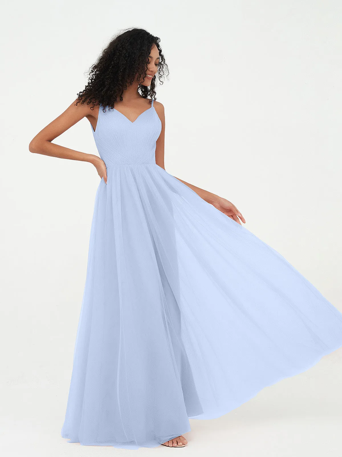 Bretelles Spaghetti Robes Maxi Plissé en Tulle Bleu Ciel Grande Taille