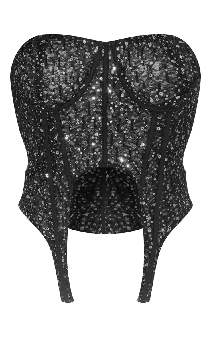 Corset en sequins noirs à bonnets et ourlet pointu