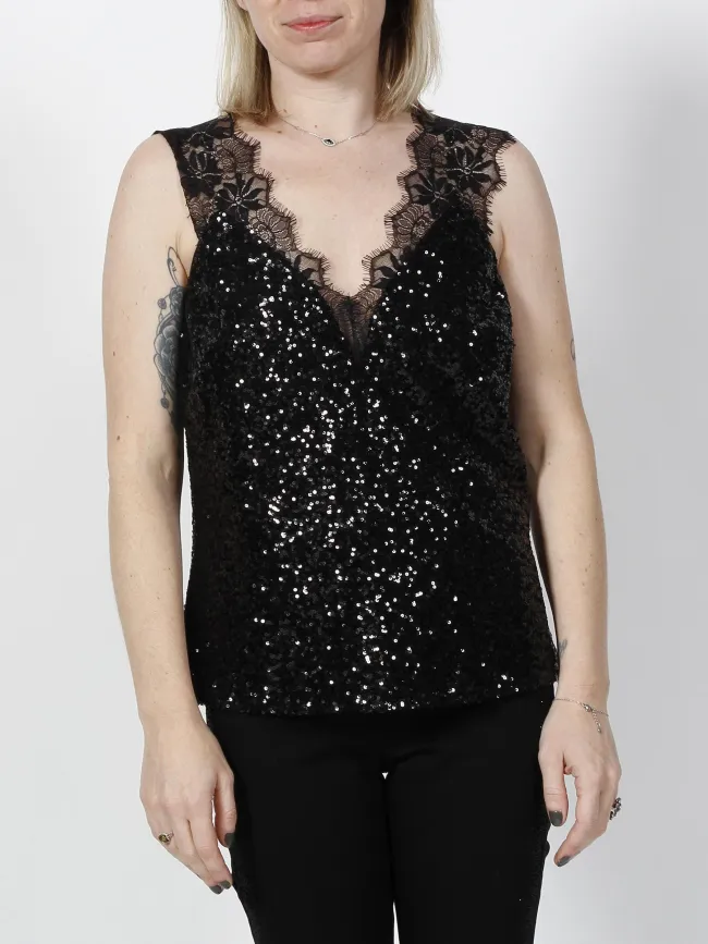 Débardeur à sequins orma dentelle noir femme - Morgan | wimod