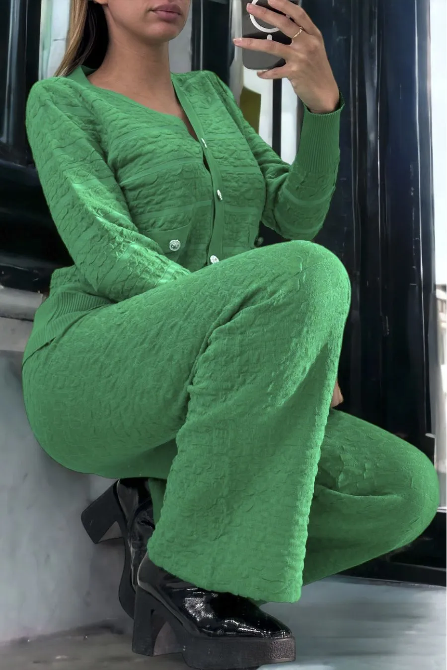 Ensemble vert gilet et pantalon palazzo en jaquard très extensible