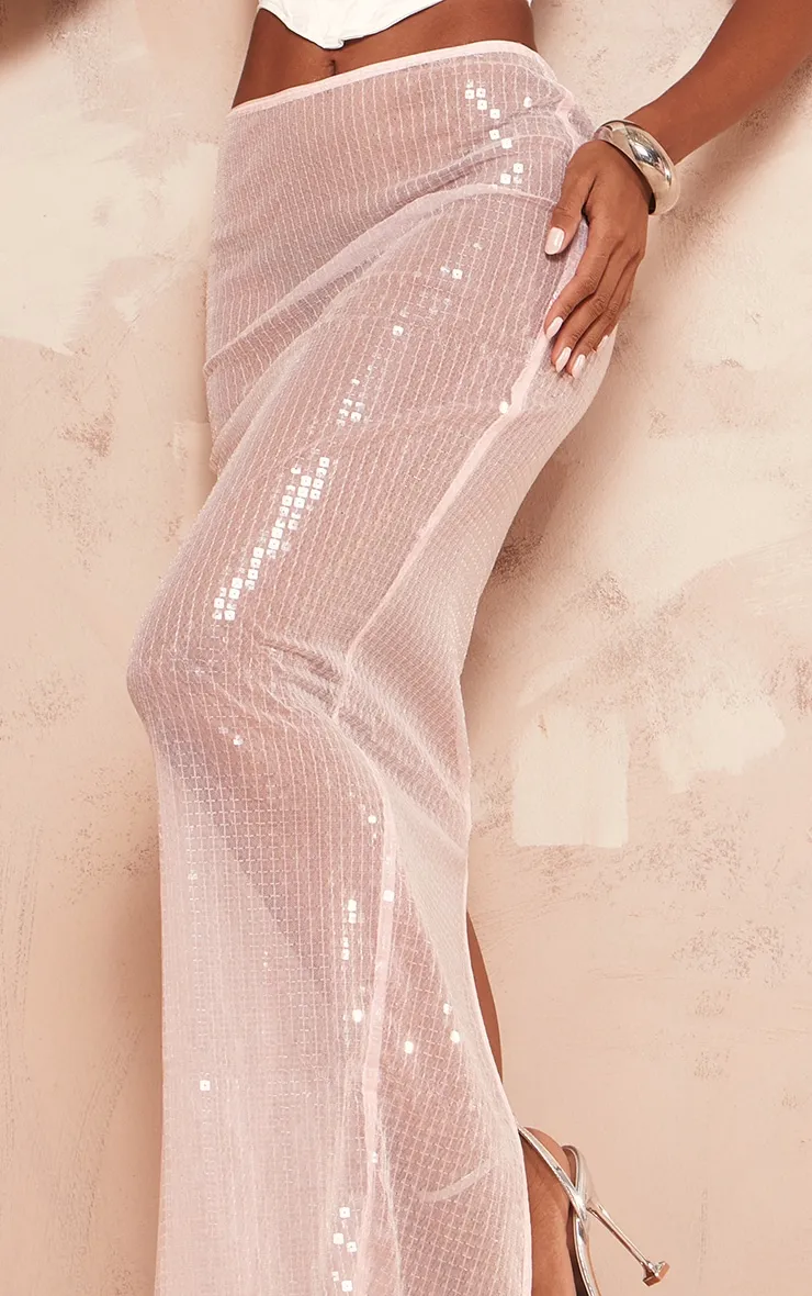 Jupe longue transparente en sequins rose à fente derrière