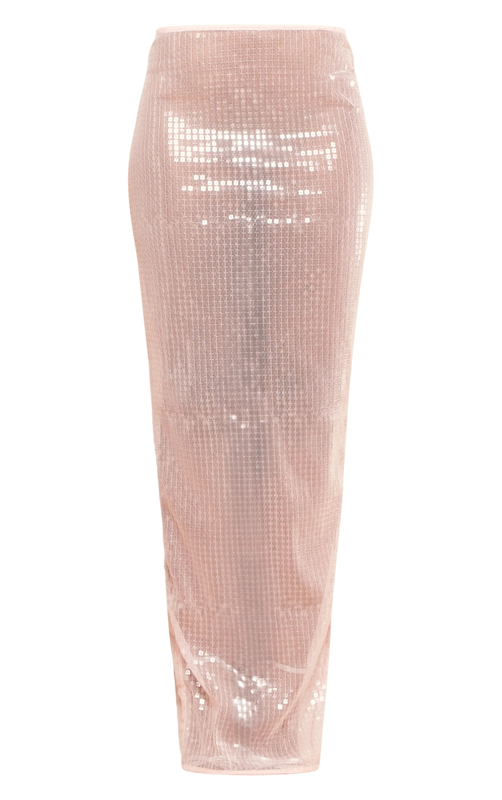 Jupe longue transparente en sequins rose à fente derrière