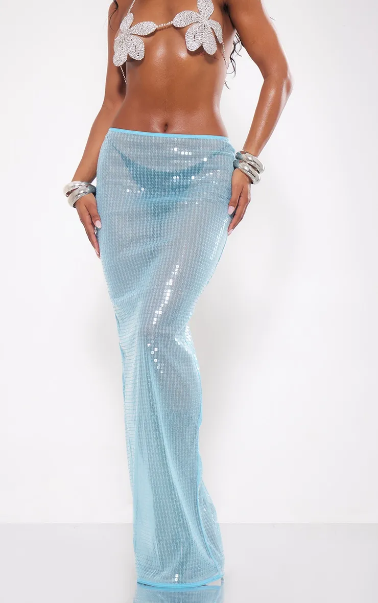 Jupe longue transparente en sequins turquoise à fente derrière