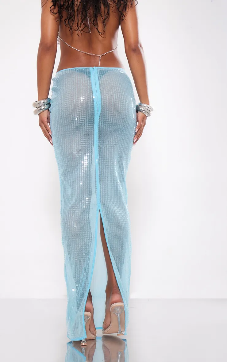 Jupe longue transparente en sequins turquoise à fente derrière