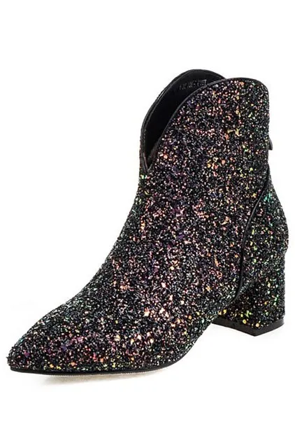 Low boots femme chic en sequins à talon carré