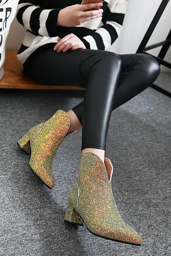 Low boots femme chic en sequins à talon carré